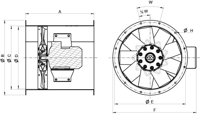 Размеры вентилятора Systemair AXC-EX 500-9/26°-2